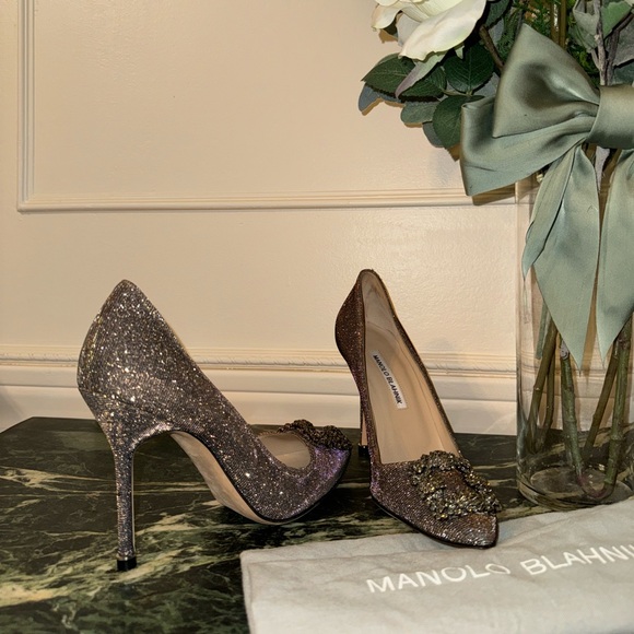 Manolo Blahnik Hangisi Glitter Pumps - Dark Gold Glitter Jewel Buckle Pump - Picture 6 of 10